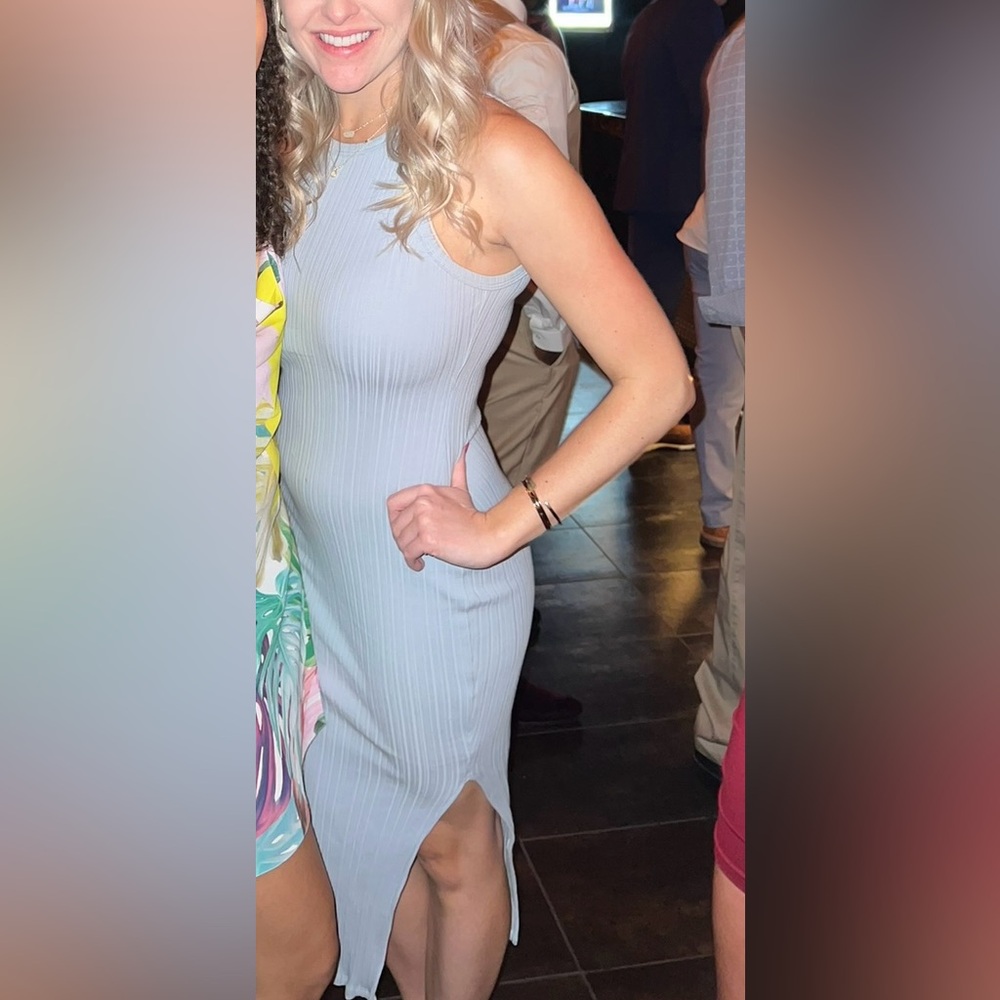 Pink Lily Ribbed Light Blue Midi Body Con Dress